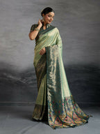 PR Fashion Grey Kanjivaram Soft Silk Kadiyal Pattern Double Zari Woven Patta, Meenakari Woven Pallu Saree | Grocsy