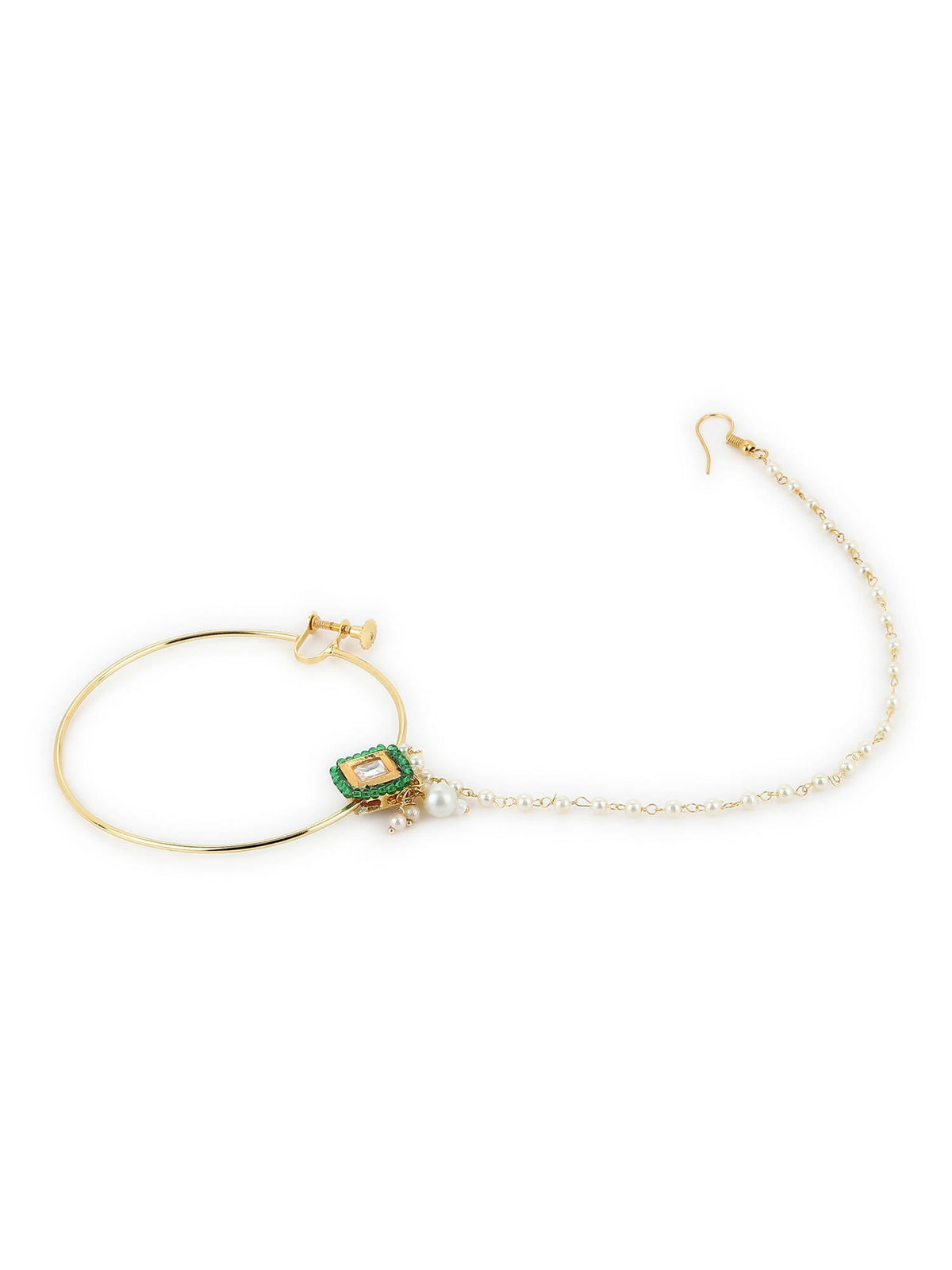 Gold-Polished Green White Kundan Studded Beaded Chained Nosepin - Ruby Raang | Grocsy