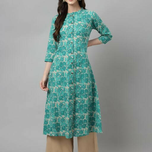 FIORRA Women's Floral Printed Teal Green Pure Cotton Straight Kurta | Grocsy