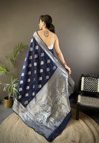 Joban Fashion Navy Blue Floral Motifs Soft Silk Banarasi Saree | Grocsy