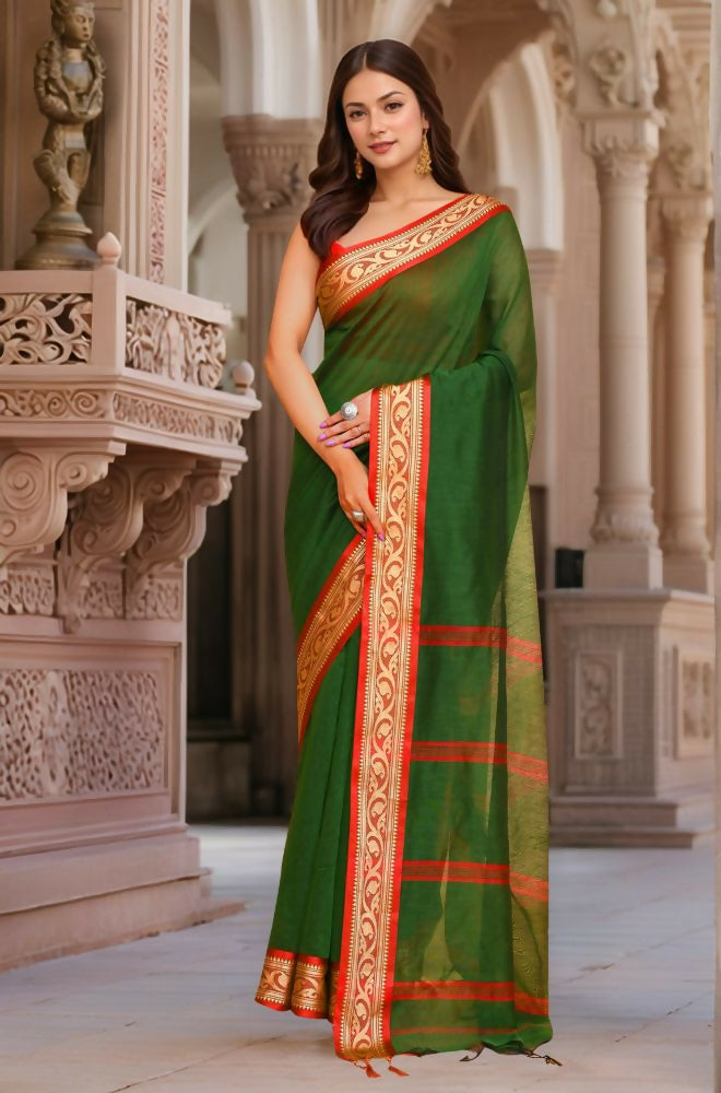 Joban Fashion Women Green & Red Trendy Cotton Saree | Grocsy