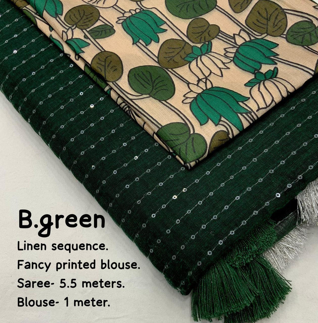 Green Linen Sequence Saree with Unstitched Blouse - Hiral Fashion | Grocsy