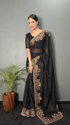 Vastranavya Black Rangoli Silk Zari work with DMC Swarovski work Ready to Wear Saree | Grocsy