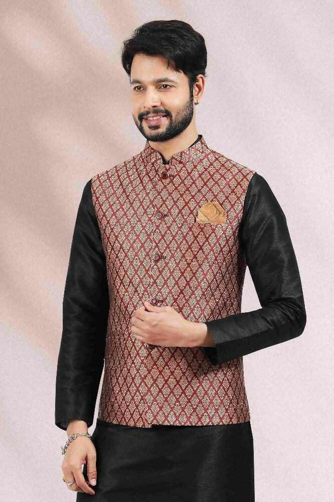 Raivat Ethnic Jacquard Banarasi Silk Woven Work 3 Pics Jacket Set In Maroon Colour | Grocsy