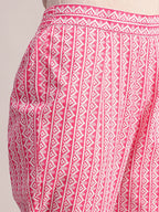 Aavyora Women's Pink Floral Cotton Kurta with Lace Detailing, with Trouser & Dupatta | Grocsy