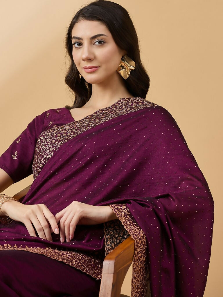Purple Silk Blend Embroidered Saree with Unstitched Blouse - Vairagi | Grocsy