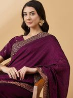 Purple Silk Blend Embroidered Saree with Unstitched Blouse - Vairagi | Grocsy