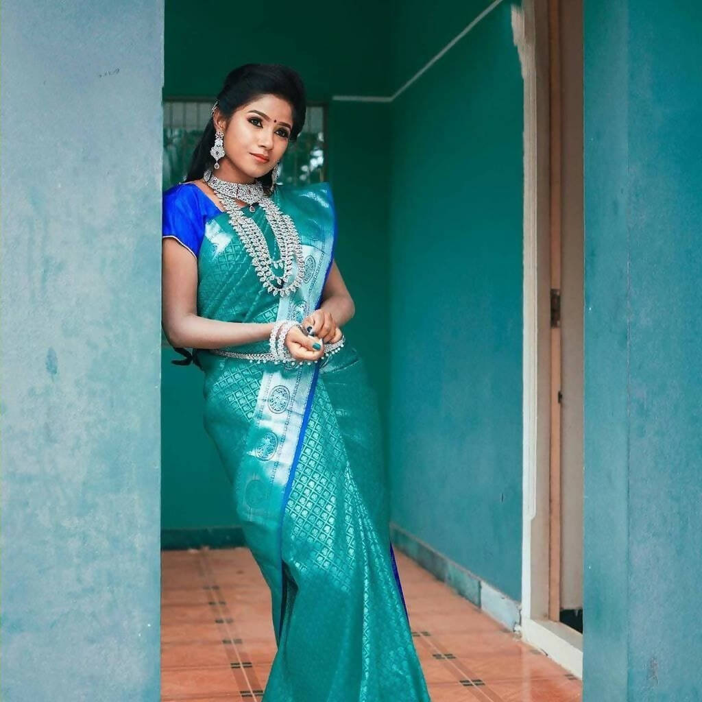 DEIANA'S Beautiful Designer Golden zari Soft Lichi Silk Saree - Sky | Grocsy