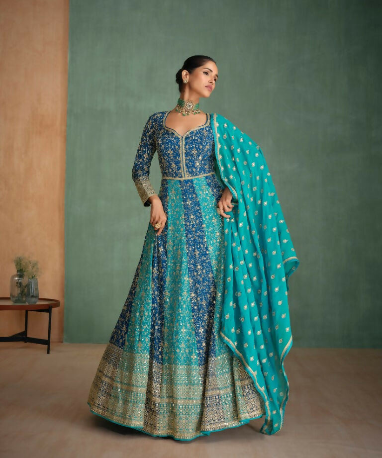 Vastranavya Blue Embroidered Sequence Work With swarovski Diamond Anarkali Salwar Suit Set | Grocsy