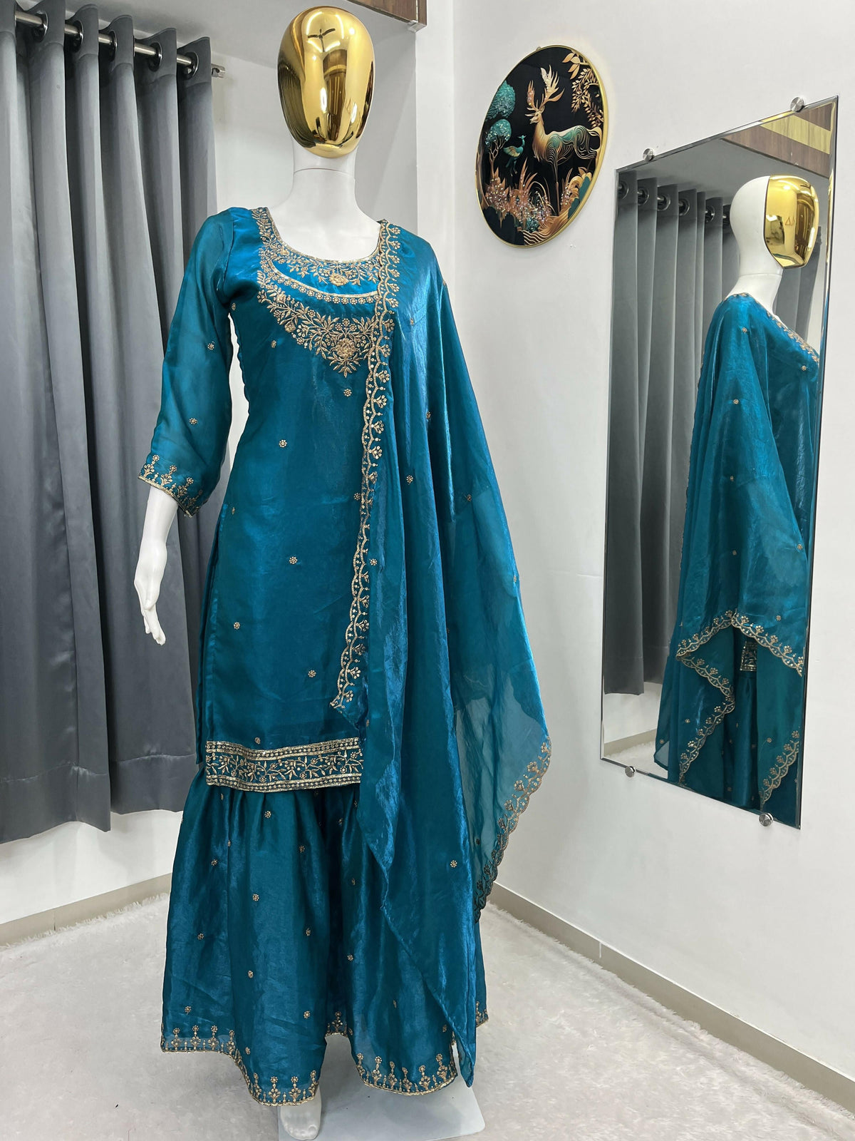 Teeya Creation Teal Color Fendy Satin Silk Heavy Embroidery Work Sharara Suit | Grocsy