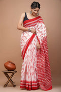 Exclusive Collection White Red Beautiful Mulmul Cotton Saree | Grocsy