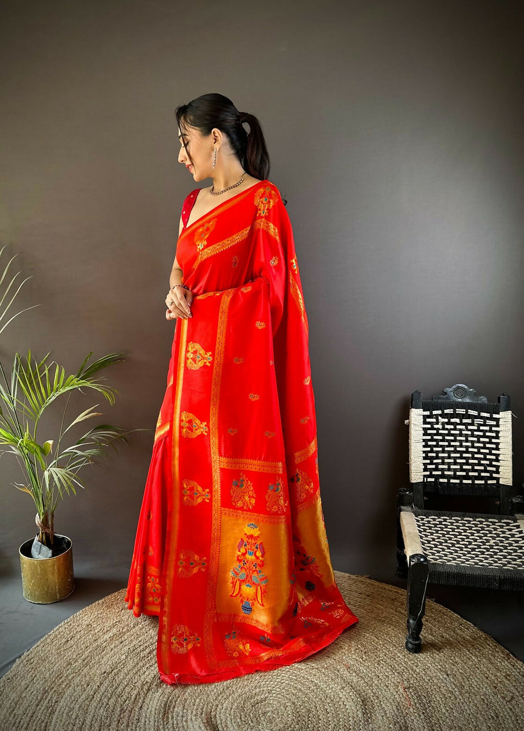 Joban Fashion Red Meenakari Weaving Paithani Sarees | Grocsy