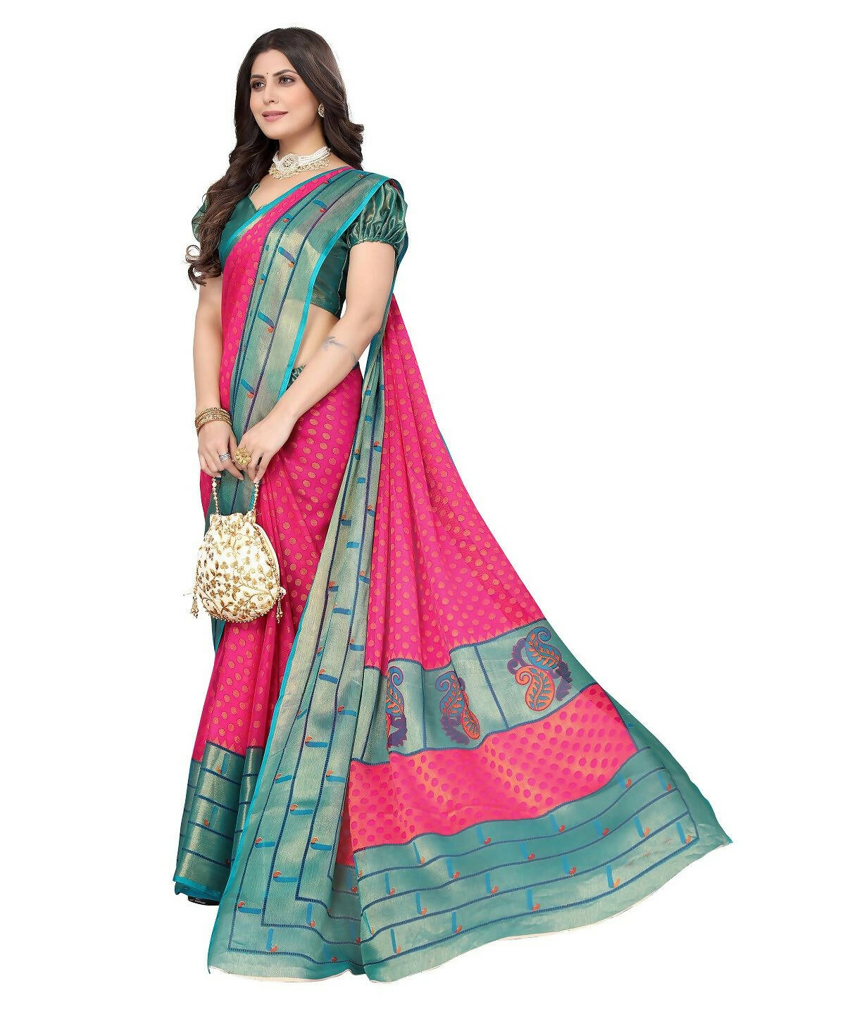 Vamika Pink Chiffon Brasso Bollywood Style Woven Saree (DIMPLE PINK) | Grocsy
