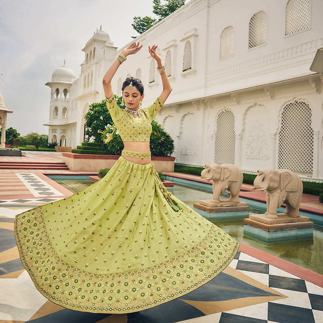 Olive Green Heavy Viscose Khatli, Embroidery & Mirror Work Unstitched Lehenga Choli - Sisha Keshav | Grocsy