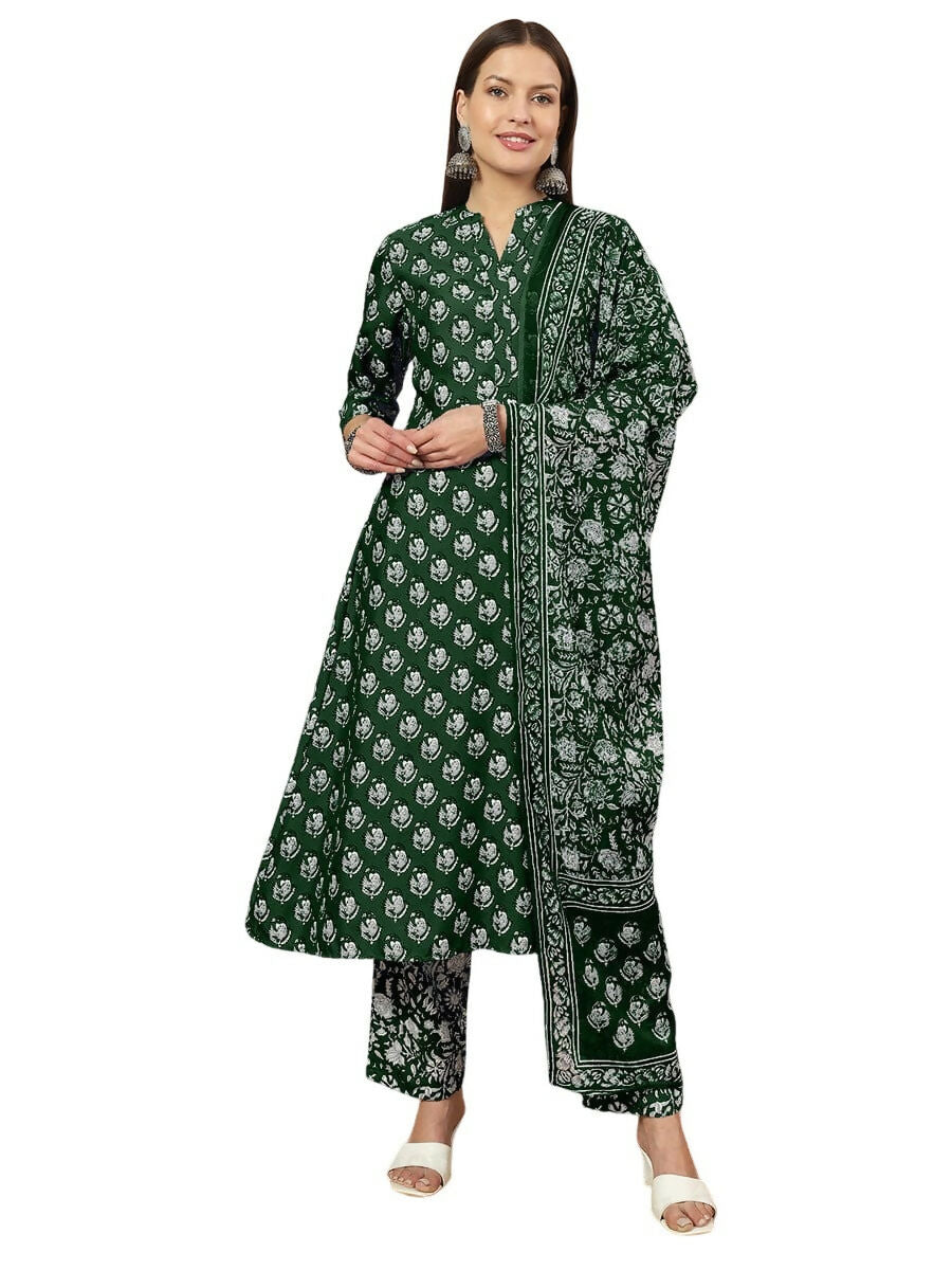 Vamika Poly Rayon Printed Bottle Green Party Wear/Casual Wear/Office Wear Kurta Set/Suit | Grocsy