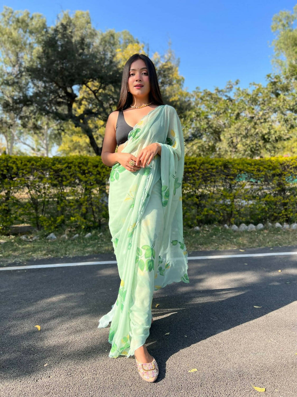 Vamsee Green Chiffon Designer Saree | Grocsy
