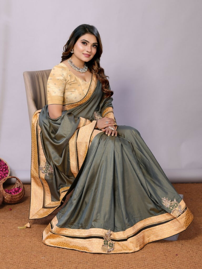 Olive Tusser Silk Resham Cord And Sequins Embroidery Handwork Butta Saree - Norita Saumya | Grocsy