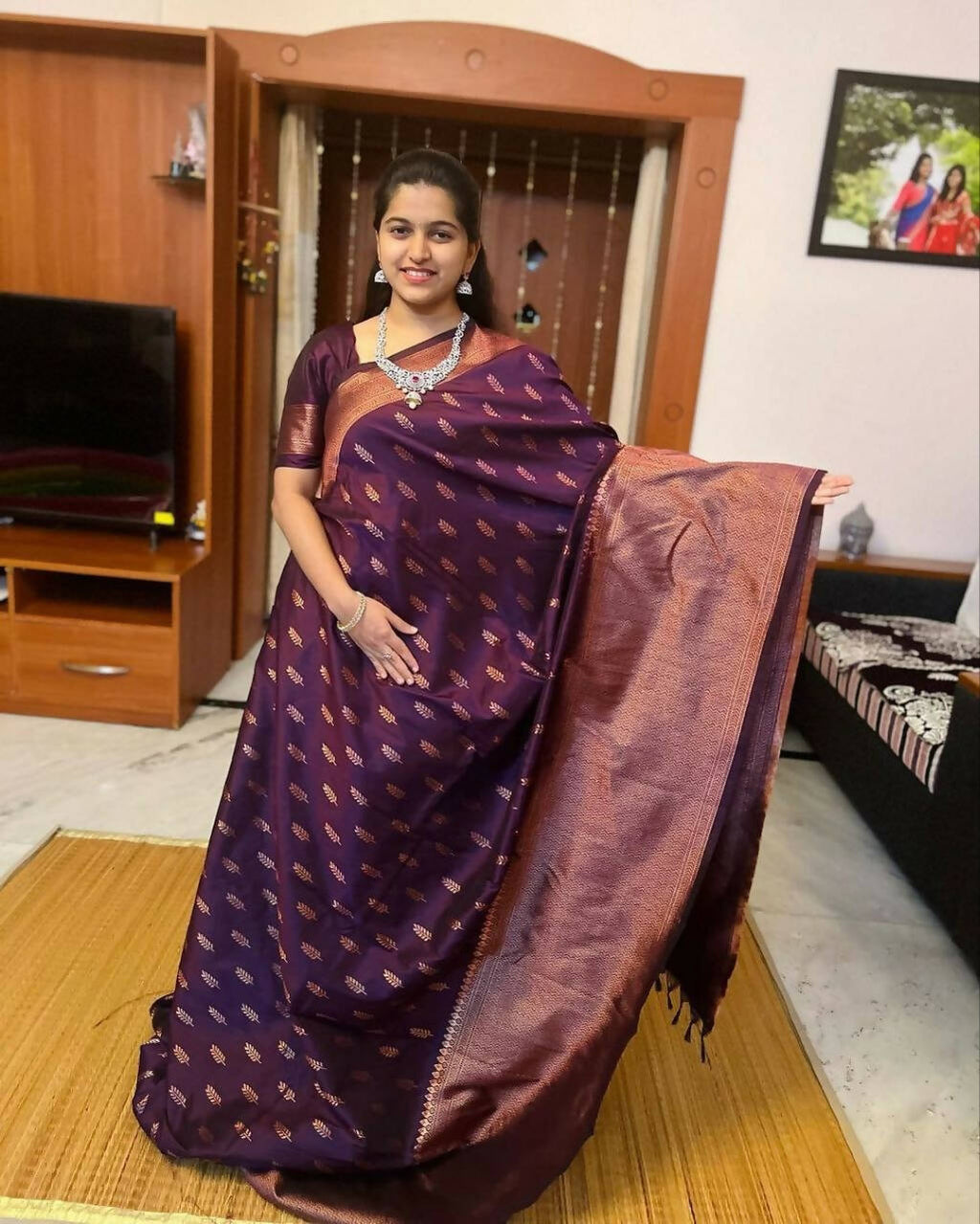 DEIANA'S Beautiful Designer Golden zari Soft Lichi Silk Saree - Wine | Grocsy