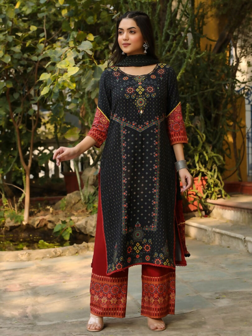 Juniper Black Ethnic Motif Placement Printed Rayon Kurta With Pant And Dupatta With Bead & Sequence Work | Grocsy