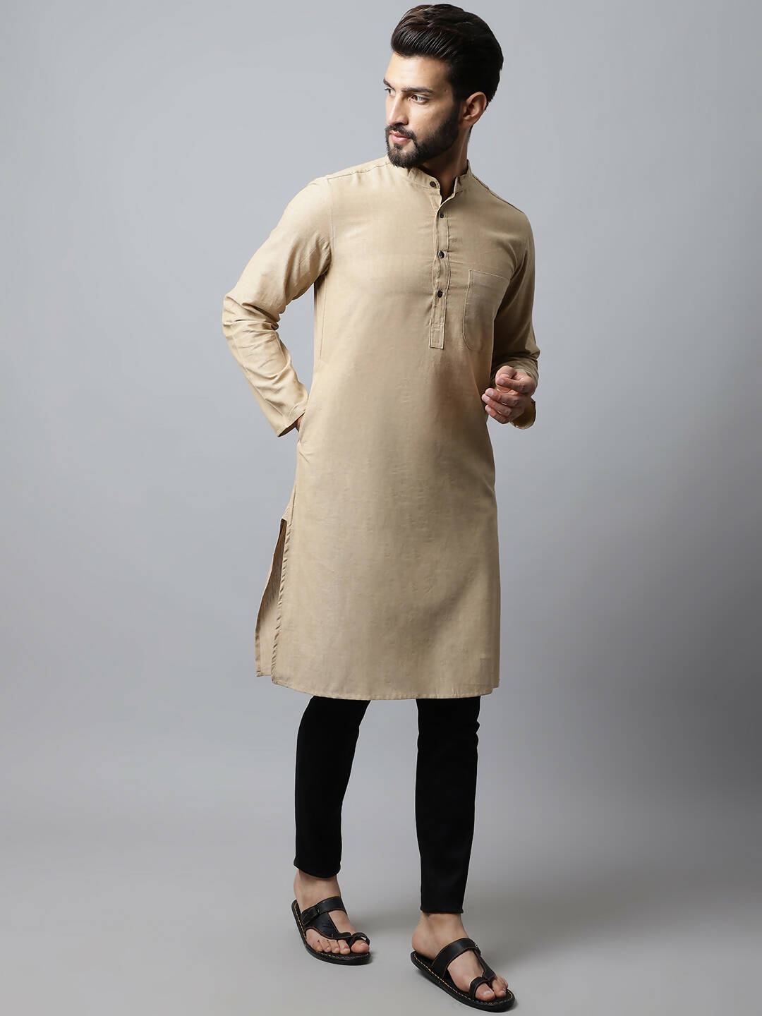Even Apparels Beige Color Pure Cotton Men's Kurta With Band Collar (SLD1196) | Grocsy
