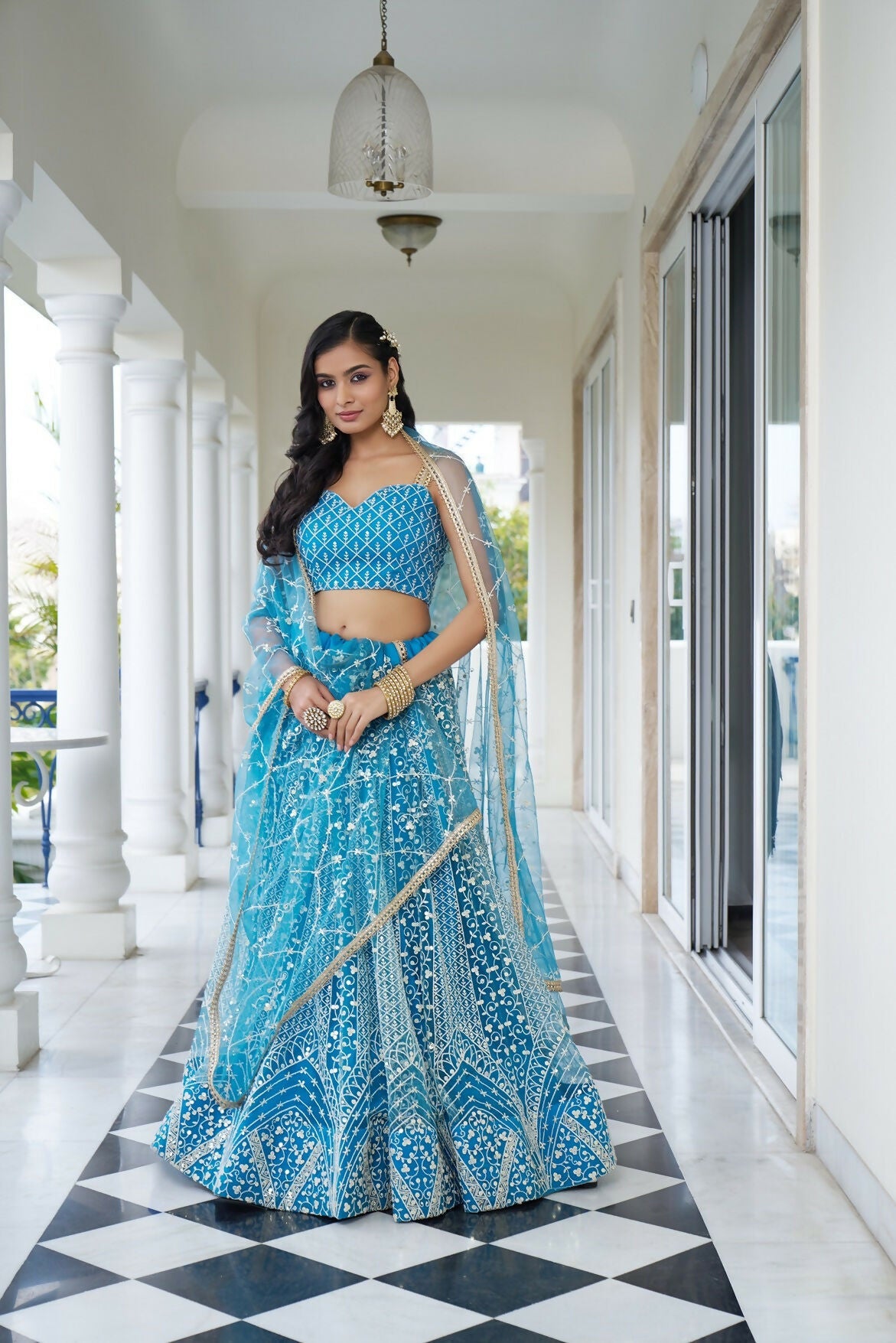 Eilara Glamorous Sky Blue Butterfly Net With Thread And Sequence Embroidered Work Lehenga Choli For Wedding | Grocsy
