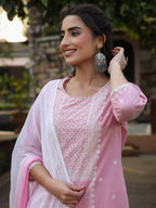 Juniper Women's Pink Cambric Floral Print Kurta Straight Pant And Duptta Sets | Grocsy