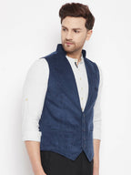 Even Apparels Blue Merino Men Woven Nehru Jacket | Grocsy