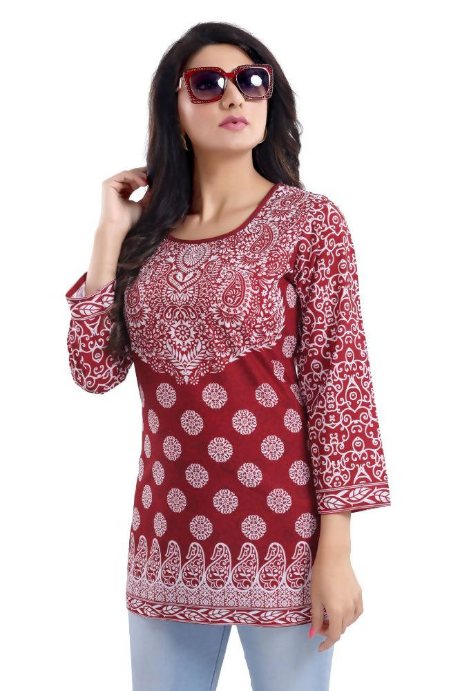 Snehal Creations Rust Faux Crepe Short Kurti Tunic | Grocsy