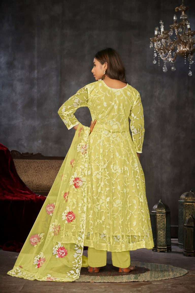 Jyoti Fashion Women's Yellow Net Embroidered Anarkali Kurta Pant Set With Dupatta | Grocsy