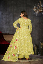 Jyoti Fashion Women's Yellow Net Embroidered Anarkali Kurta Pant Set With Dupatta | Grocsy