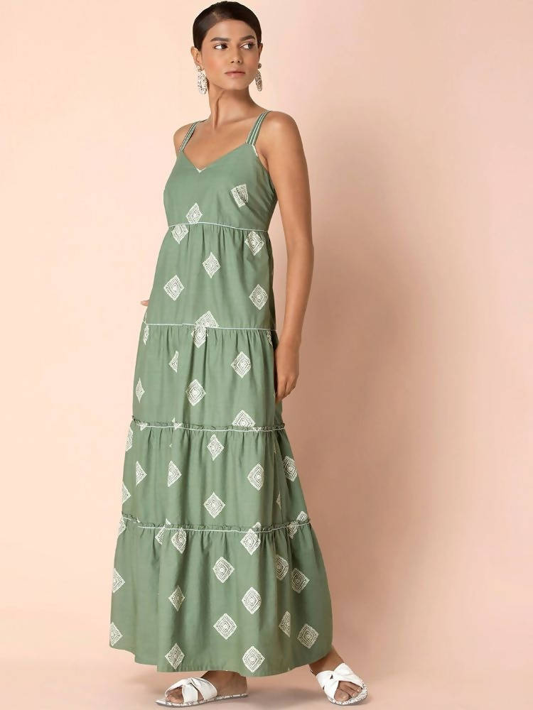 Indya Green Tribal Tiered Maxi Dress | Grocsy