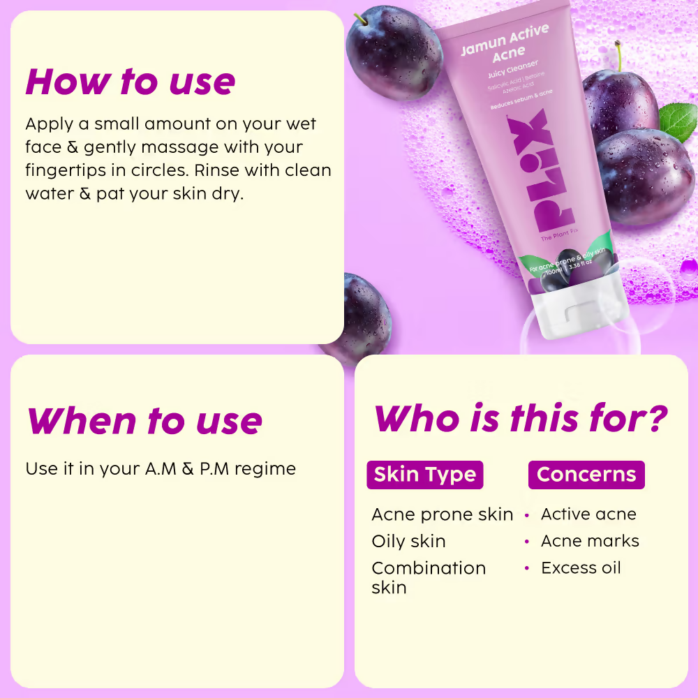 PLIX The Plant Fix Jamun Active Acne Regime - Cleanser, Acne Mark Serum, Moisturizer & Body Wash For Women & Men | Grocsy