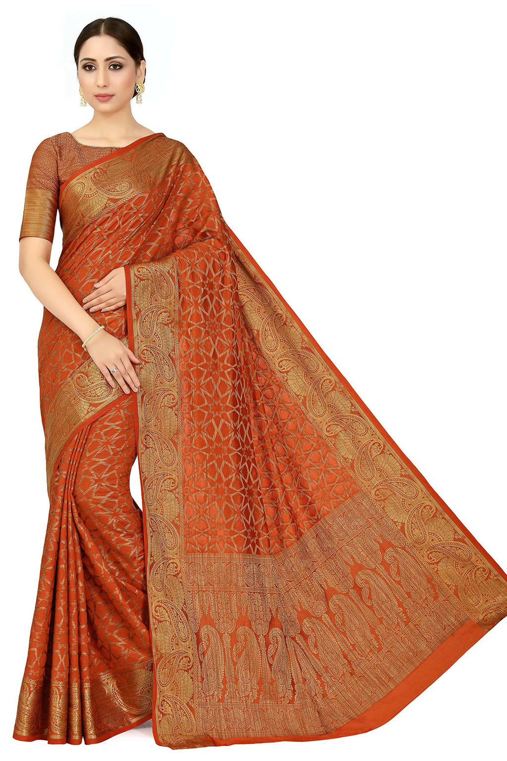 Mimosa Women's Rust Orange Patola Art Silk Saree | Grocsy