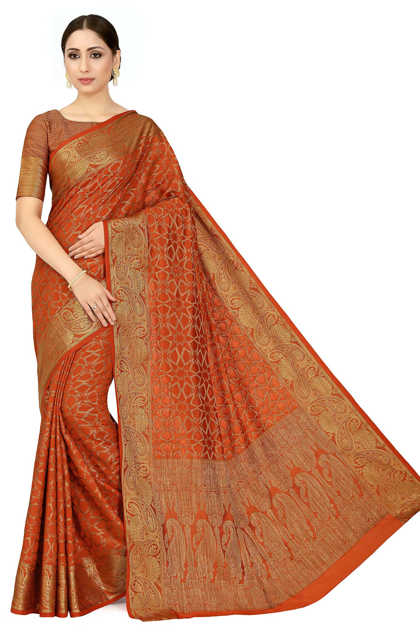 Mimosa Women's Rust Orange Patola Art Silk Saree | Grocsy