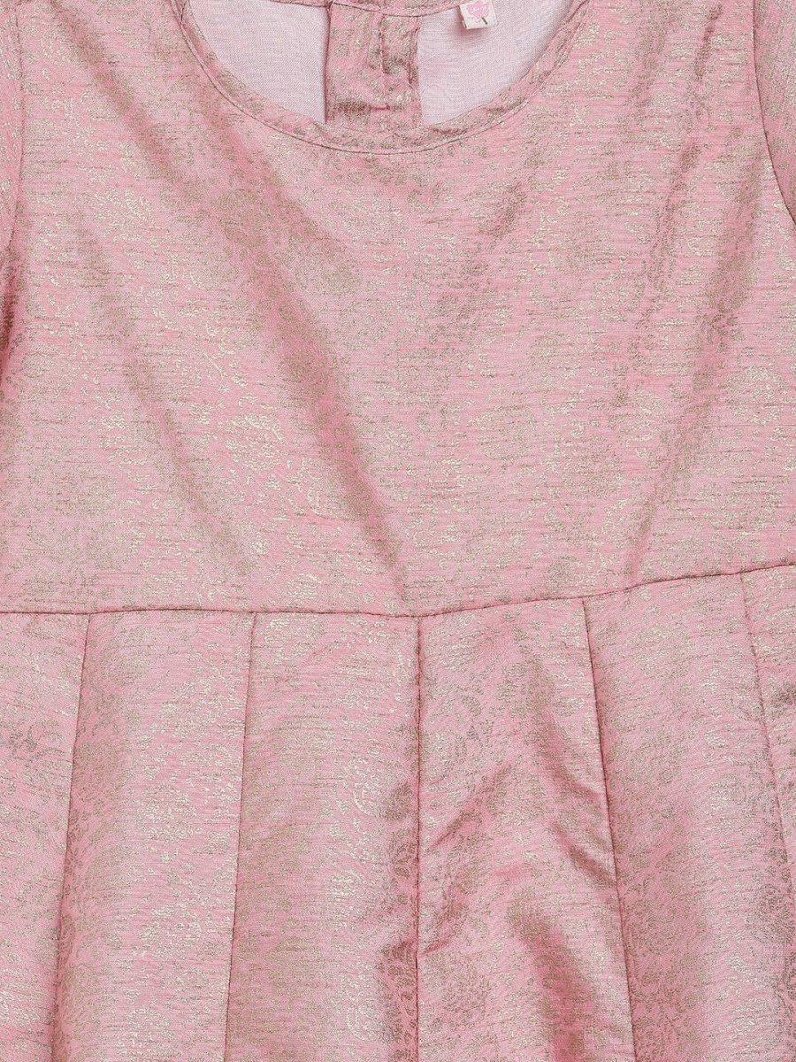 Ahalyaa Pink Poly Silk Gold Print Girl's Kids Dress For Girls | Grocsy