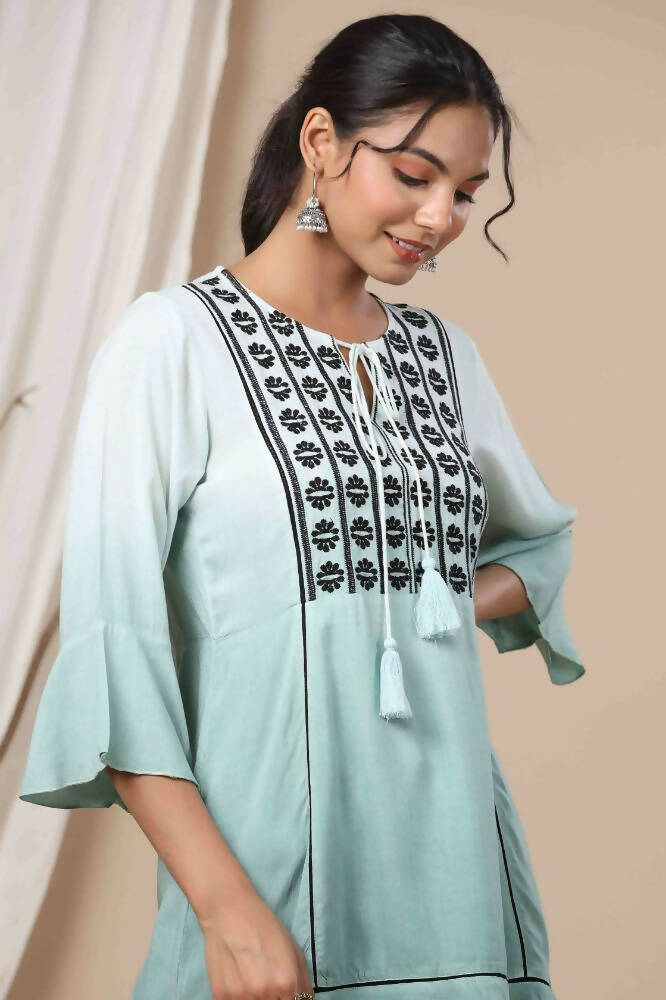 Juniper Sage Green Rayon Festive Embroidered Tiered Tunic For Women | Grocsy