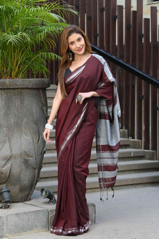 Beatitude Maroon Cotton Handloom Saree | Grocsy