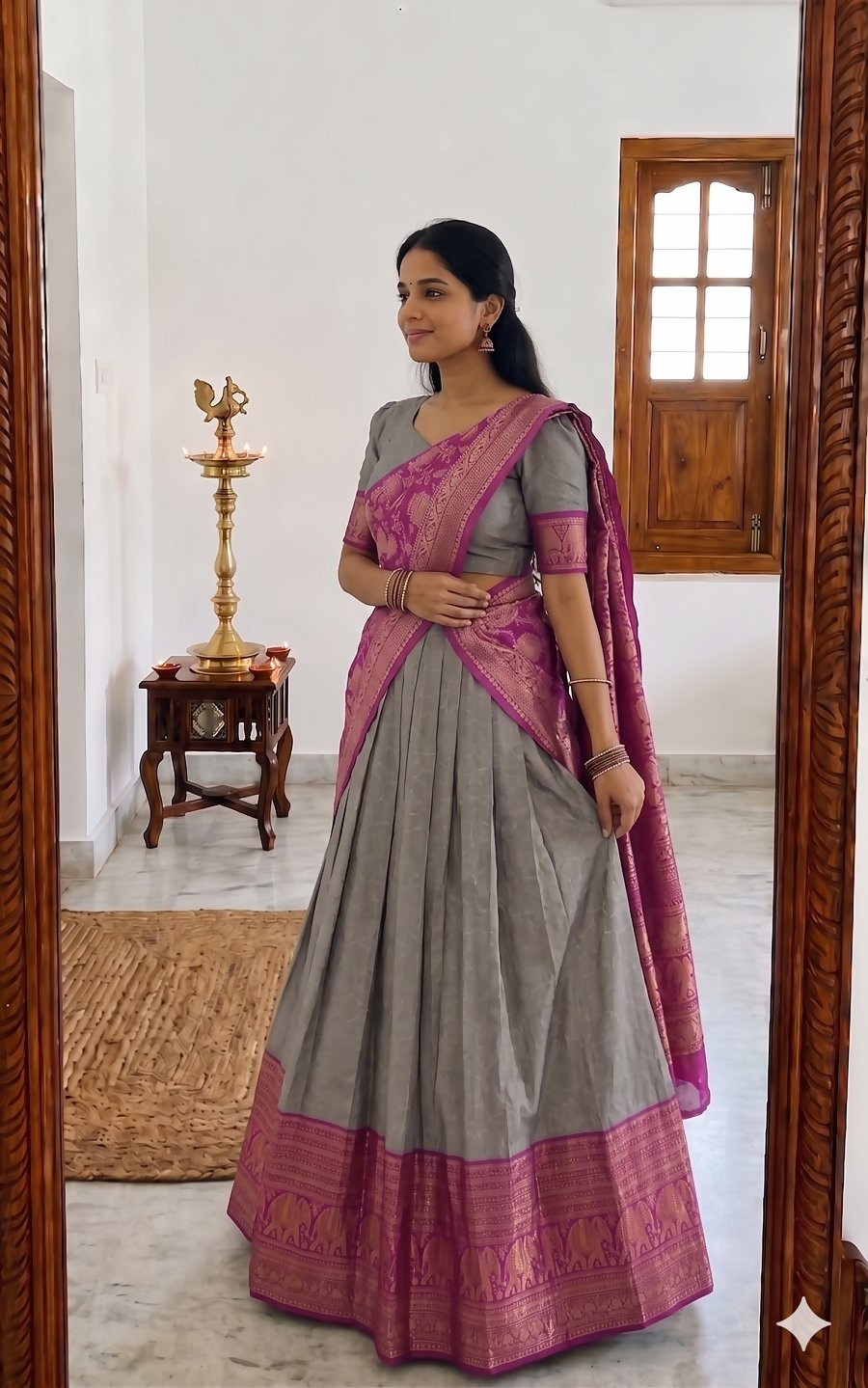 Teeya Creation Grey Traditional Lehenga Choli Set Featuring Intricate Purple and Gold Zari Detailing | Grocsy