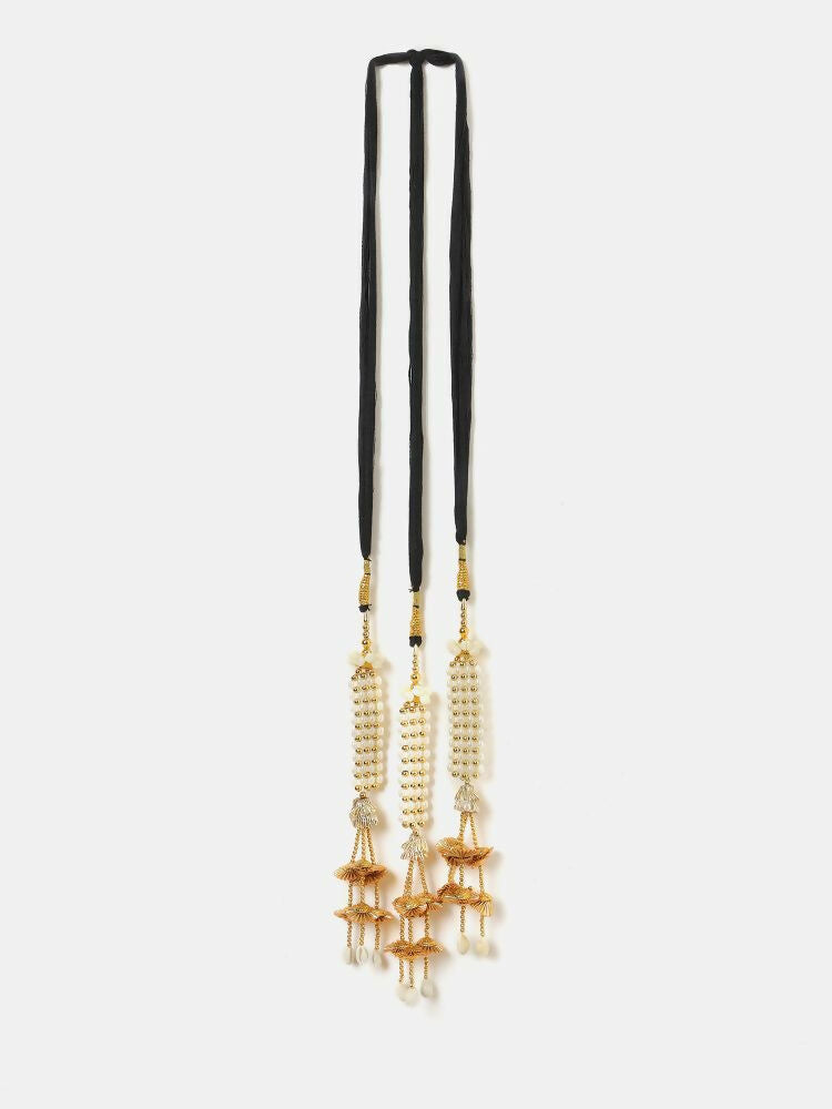 Ruby Raang Gold Gota Pati Work And Threads With Pearrls And Black Thread And Shells | Grocsy