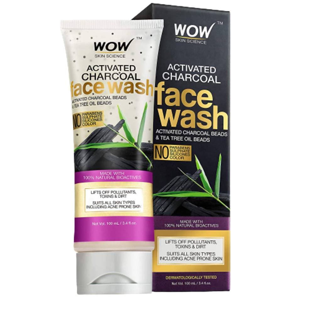 Wow Skin Science Charcoal + Glycolic Acid Detoxifying Face Wash for Oil Control + Gentle Exfoliation with Tea Tree & Aloe | Grocsy
