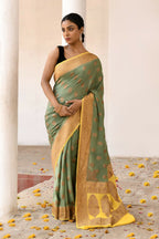 Joban Fashion Grass Green Crepe Chiffon Pure Handloom Banarasi Silk Saree | Grocsy