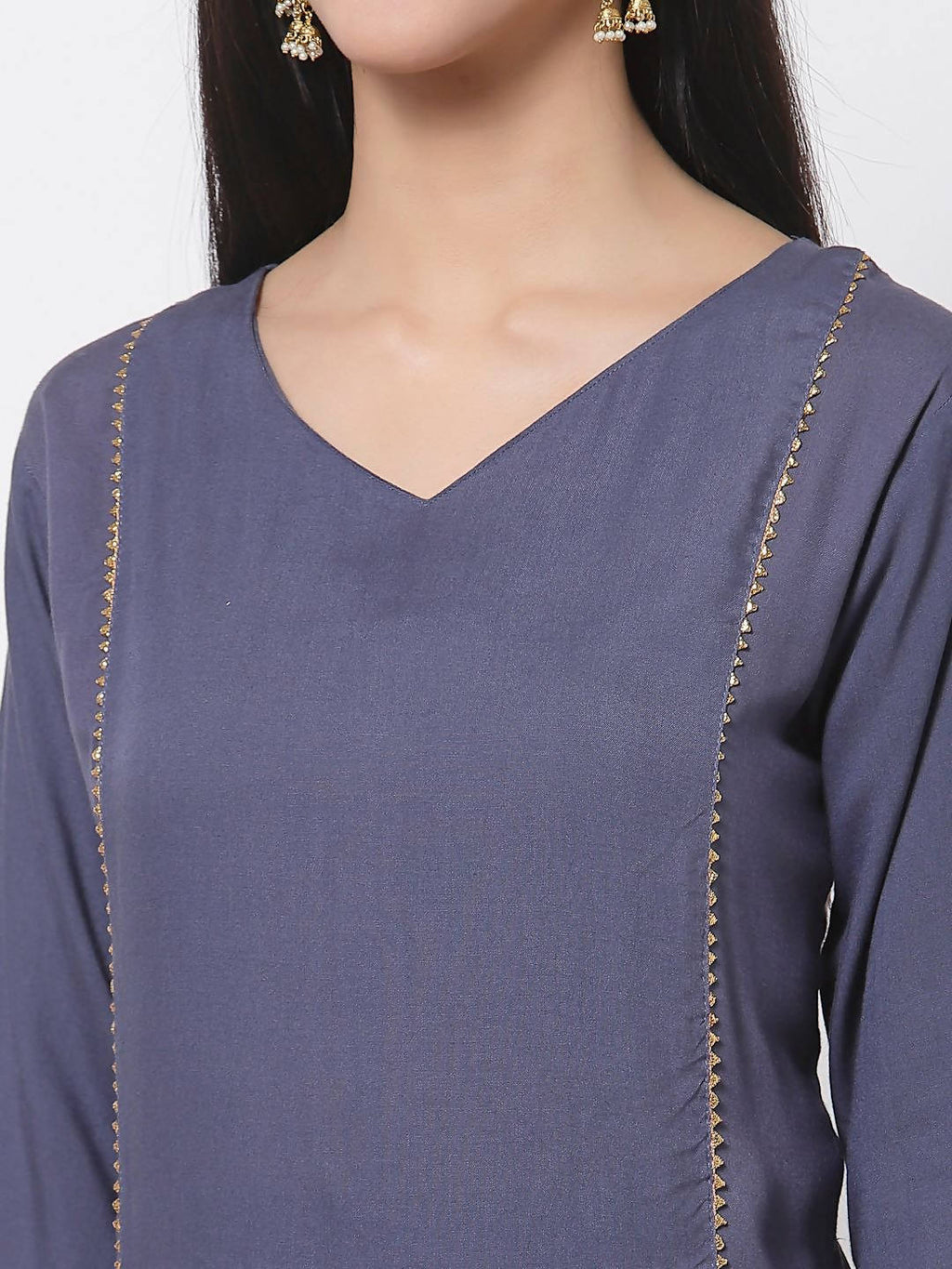 Myshka Women's Grey Viscose Solid 3/4 Sleeve V Neck Casual Kurta Palazzo Dupatta Set | Grocsy