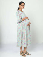 Manet Three Fourth Maternity Dress Pink Floral Print With Concealed Zipper Nursing Access - Green | Grocsy