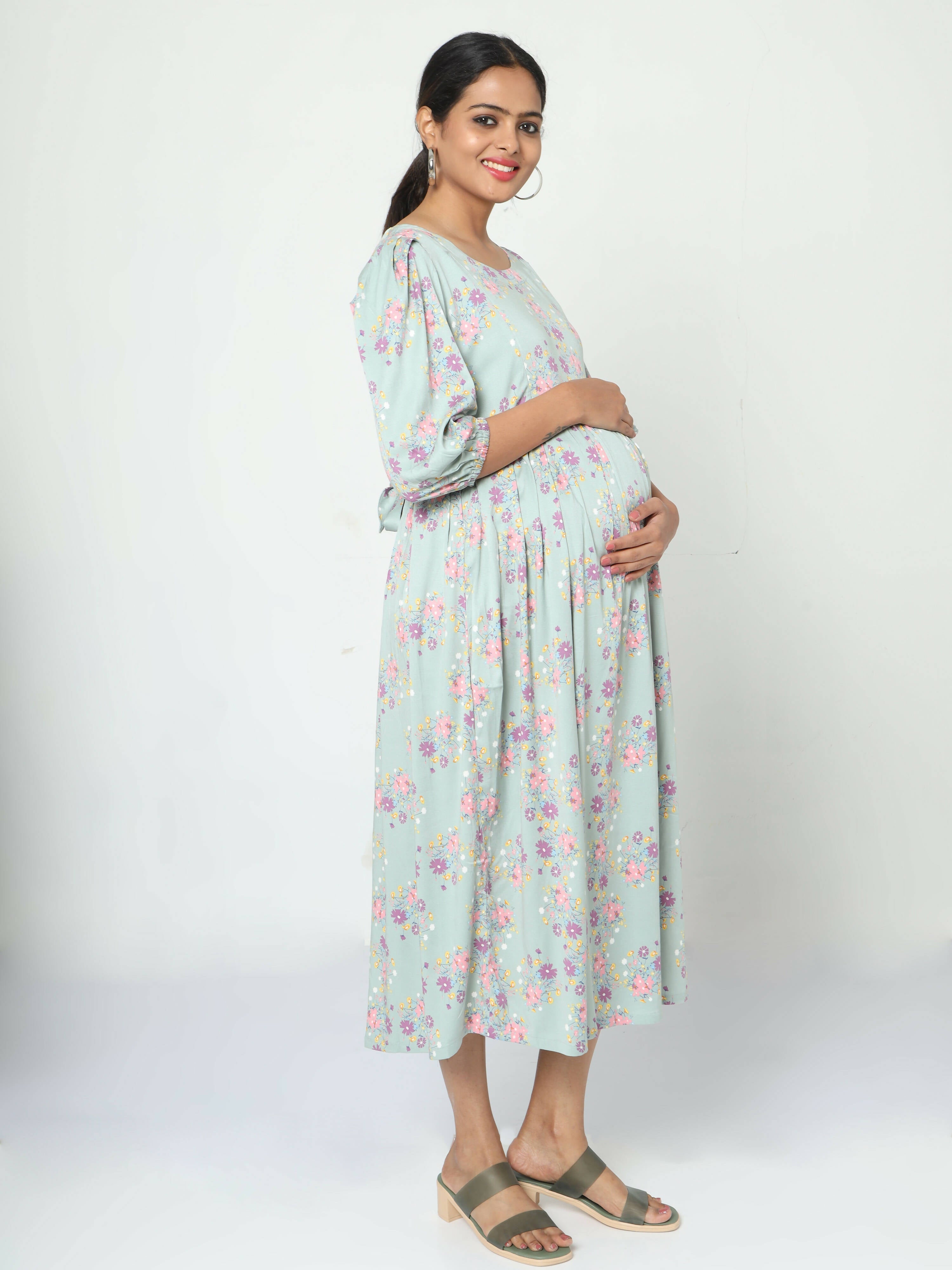 Manet Three Fourth Maternity Dress Pink Floral Print With Concealed Zipper Nursing Access - Green | Grocsy