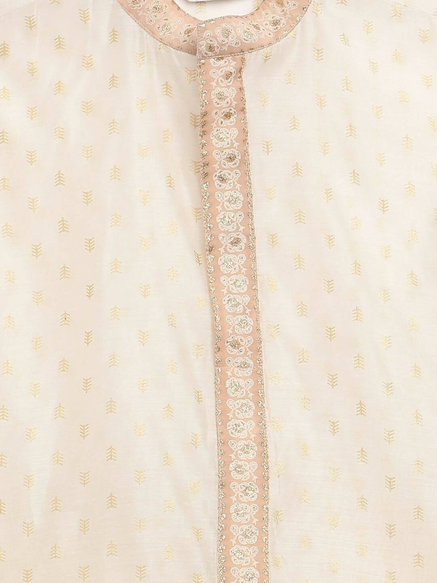 Ahalyaa Cream Chanderi Gold Print Kids Kurta Churidar Set For Boys | Grocsy