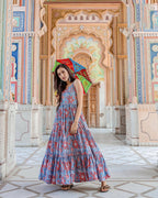 Designer Partywear Printed Blue Pure Maslin Gown - Anbazaar | Grocsy