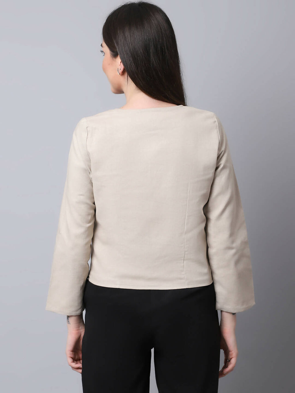 Even Apparels Cream Linen Cotton Open Front Statement Women's Jacket | Grocsy