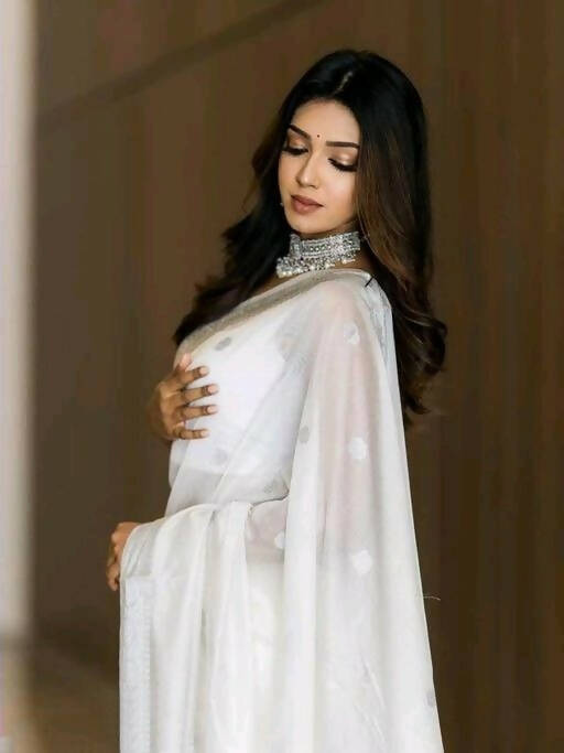 DEIANA'S Beautiful Designer Golden zari Soft Cotton Saree - White | Grocsy