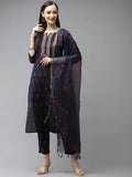 Yufta Women Navy Blue Ethnic Motifs Printed Regular Thread Work Kurta with Palazzo & With Dupatta | Grocsy