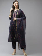 Yufta Women Navy Blue Ethnic Motifs Printed Regular Thread Work Kurta with Palazzo & With Dupatta | Grocsy
